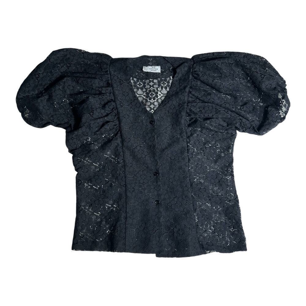 Pitchfork Black Lace Gothic Puff Sleeve Blouse | Romantic Goth Sheer Top M